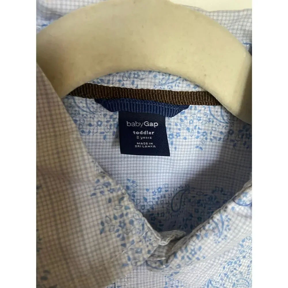 Gap Boys Shirt Size 2 Globe Mapper Blue‎ Paisley Roll Tab Sleeve Dress Button Up